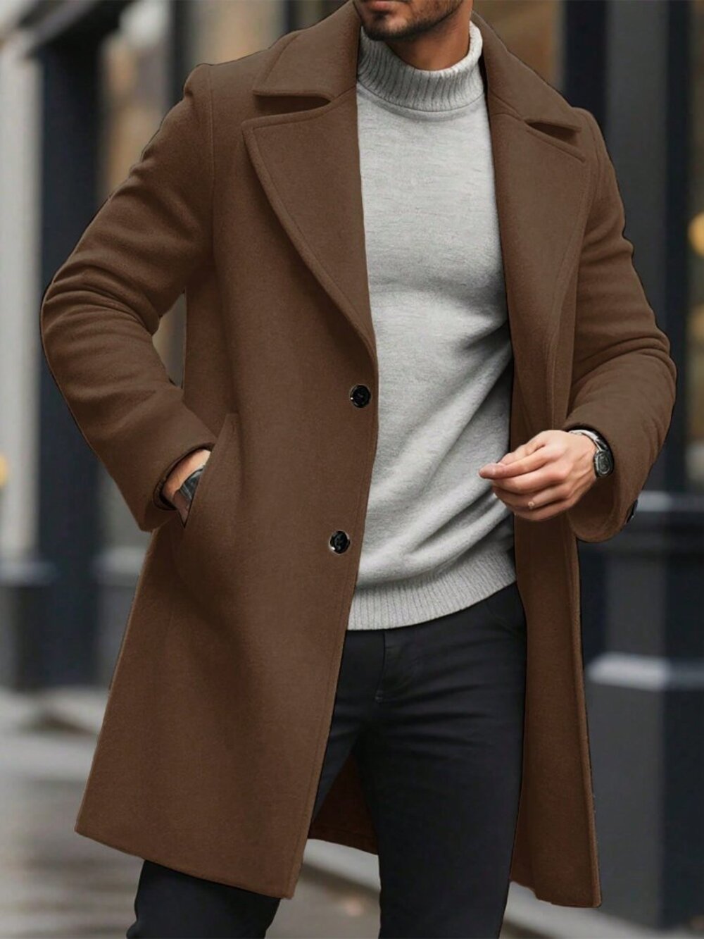 Brown Regular Fit Men's Button Single Breasted Lapel Pocket Long Sleeve Overcoat